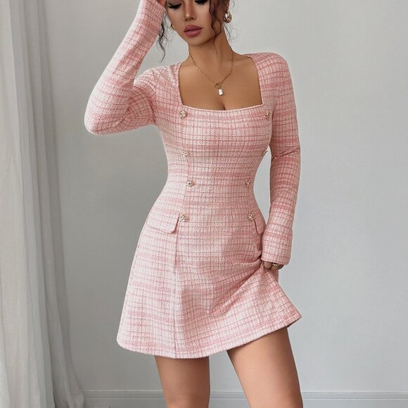 Pink Tweed Square Neck Mini Dress - Picture 3 of 5